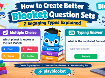 Blooket question sets showing Multiple Choice and Typing Answer formats by playblooket