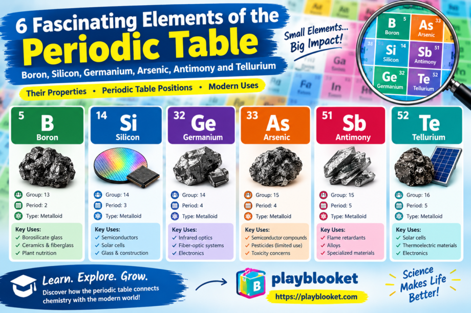 Periodic table elements boron, silicon, germanium, arsenic, antimony, and tellurium with their properties and uses