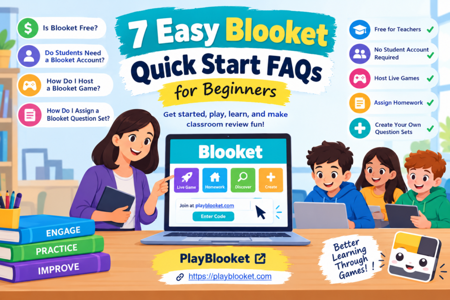 Blooket quick start FAQs guide for beginners showing game hosting, homework assignments, and question sets