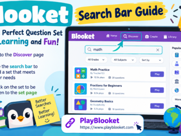 Blooket search bar guide showing how to find question sets on the Discover page